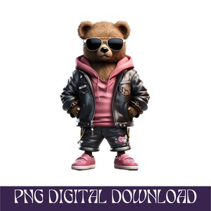 Cartoon Teddy bear Golden pink money hip hop hustler png instant download