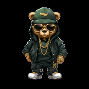 Cartoon Teddy bear png hip hop money hustler svg green golden instant download