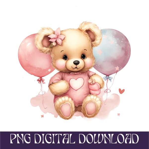 Cute Watercolor baby girl shower teddy bear svg PNG clipart