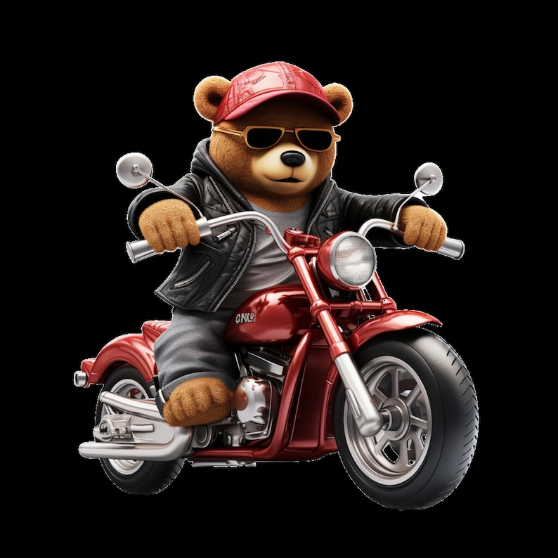 Pu&ograve; includere: Un orsacchiotto marrone con un berretto da baseball rosso e occhiali da sole sta guidando una moto rossa. La moto ha uno scarico cromato e una sella in pelle nera.