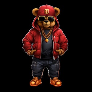 Cartoon Teddy bear png hip hop soldi hustler svg cappotto rosso download immediato