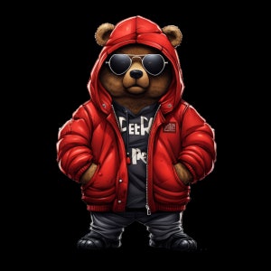 Cartoon Teddy bear red coat png sunglasses hip hop money hustler red hoodie instant download