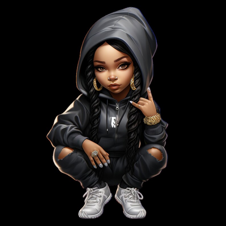 May include: A young person wearing a black hooded sweatshirt with a zipper and a white logo. They are wearing black pants with a distressed look and white sneakers. They have long black braids and gold jewelry.