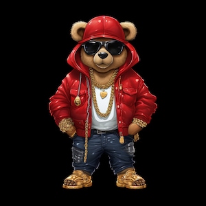 Cartoon Teddy bear red coat png sunglasses hip hop money hustler svg red hoodie instant download