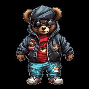 Dope Cartoon Teddy bear black bomber png hip hop hustler instant download