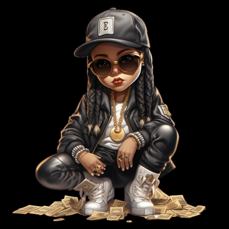 May include: A young girl wearing a black leather jacket, a black cap with a diamond, and sunglasses sits on a pile of money. She has long black braids and is wearing gold jewelry.