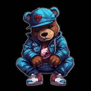 Dope Cartoon Teddy bear blue png hip hop hustler instant download