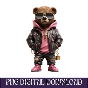 Cartoon Teddy bear Golden money hip hop pink hustler png instant download
