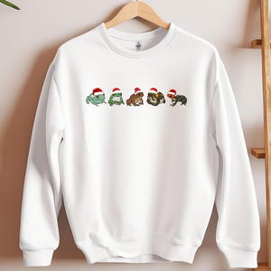 Può includere: Felpa bianca con girocollo e maniche lunghe. Presenta una fila di cinque rane dei cartoni animati, ognuna con un cappello rosso di Babbo Natale. Le rane sono di vari colori, tra cui verde e marrone.