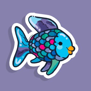 Adesivo kawaii olografico in vinile con pesce arcobaleno, nucleo nostalgico per bambini