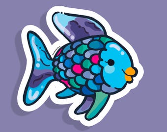 Könnte beinhalten: Ein blauer und grüner Fisch-Aufkleber mit weißem Umriss. Der Fisch hat einen großen, runden Körper mit einem kleinen Maul und einer einzigen orangefarbenen Flosse. Die Schuppen des Fisches sind in verschiedenen Farben, darunter Blau, Grün, Pink und Lila.