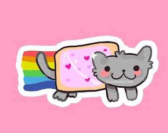 May include: A cartoon sticker of a gray cat with a Pop-Tart body, leaving a rainbow trail. The Pop-Tart is pink with heart sprinkles. The cat has rosy cheeks and a smiling face. The text "DoodlesByCam" is in the bottom right corner.