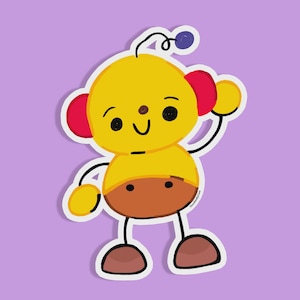 Op de afbeelding: Een cartoonsticker van een gele figuur met rode oren, een bruine buik en zwarte ledematen. Het personage heeft een lachend gezicht en zwaait. Bovenop zijn hoofd zit een kleine blauwe bal. De sticker is wit omlijnd en geplaatst tegen een paarse achtergrond.