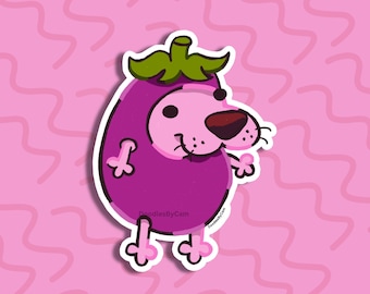 May include: A sticker featuring a cartoon dog dressed as an eggplant. The dog is purple with a pink snout and paws, and the eggplant costume has green leaves. The background is pink with wavy lines, and the sticker has the text "DoodlesByCam".