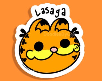 May include: A sticker featuring a cartoon cat's face with the word "Lasaga" above it. The cat is orange with black markings, large black eyes, and a yellow mustache. The sticker has a white border and is set against an orange background.