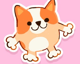 May include: A sticker featuring a cartoon corgi dog with orange and white fur, a white belly, and a happy expression. The corgi has its arms and legs outstretched, and is set against a pink background.