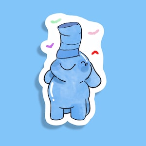 Puede incluir: Un elefante azul con un sombrero azul y blanco a rayas, rodeado de mariposas de colores. El elefante sonríe y tiene una expresión feliz.