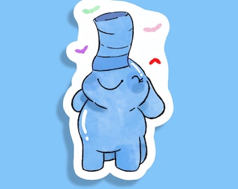 May include: A blue elephant with a blue and white striped hat, surrounded by colorful butterflies. The elephant is smiling and has a happy expression.