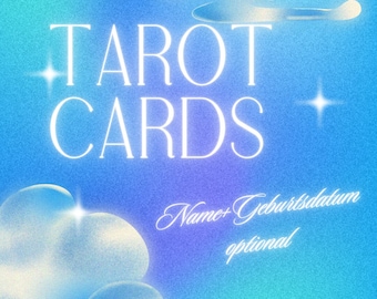 May include: A blue and purple gradient background with white text that reads "Tarot Cards". The text is surrounded by white, glowing stars and abstract shapes.