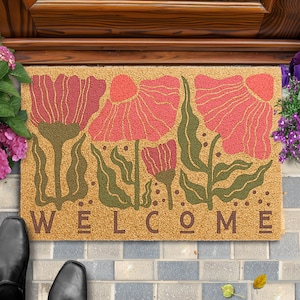 Floral Welcome Mat, Boho Vintage Door Mat, Mid Century Flower Doormat Housewarming Gift, Front Porch Coir Entryway Mat, Retro Floral Rug