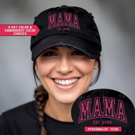 Embroidered Mama Hat, Distressed Baseball Cap, Adjustable Ponytail