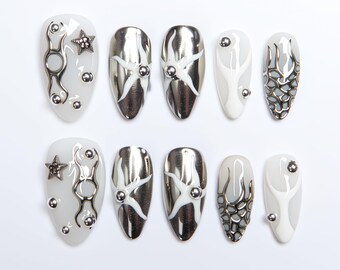 Cyber Y2K Short Press On Nails Set,Edgy Silver Chrome & White 3D Detailed Handmade Custom False Nails for Party,Cool Gift for Friends H318