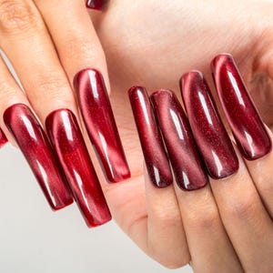 Burgundy Cat Eye Press On Nails,Custom Length&Shape Handmade  Shimmer Glitter Design for Wedding,Party Fake Nails H523|Lovful