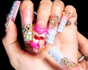3D Cartoon Lips Press On Nails,Handmade Blue French Tip Square Nails with Mouth Charm & Gold Accents | Y2K Party Custom Nails H603|Lovful