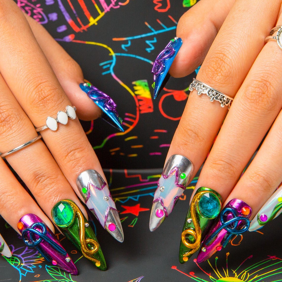 Cyberpunk 3D Metallic Wire & Neon Gem Edgy Junk Handmade Press on Nails ...
