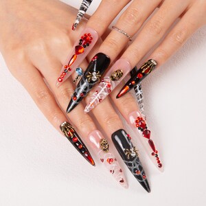 Black Spider Web Red Diamond Gothic Halloween Press On Nail|Salon Quality Fake Nails|Handmade Long Stiletto Painted Nails H42|Lovful