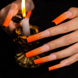 Orange to Pink Flame Ombre Matte Coffin Press On Nails,Goth Punk Halloween Festival Party Handmade Reusable Fake Nails H444|Lovful