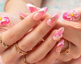 Pink Ombre Press On Nails with 3D Flowers,Gold Butterfly,Romantic Girly Fairycore Handmade Acrylic Nail Set for Wedding/Party H502|Lovful