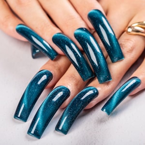 Teal Cat Eye Glitter Press On Nails,Custom Length | Shape Chic Glossy Finish for Evening Party & Clubwear Handmade Fake Nails H522|Lovful