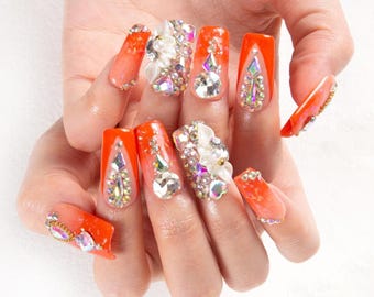 Summer Orange Autumn Diamonds Press On Nails | Gift For Her | Minimal False Nails | Handpainted Glue On Nail Art | H74|Lovful