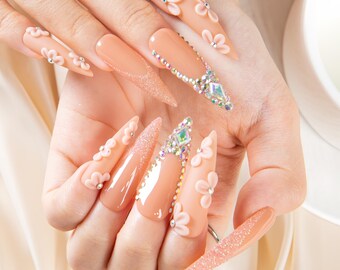 Blush Pink 3D Flower Press On Nails,Elegant Bridal Glitter&Crystal Stiletto Handmade Custom Nails for Wedding,Party,Gift H647