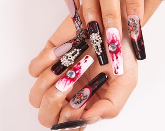 Black Spider Web Chain Devil Eye Halloween Press On Nails|Black Gothic Halloween Nails|Handmade Long Coffin Nails|H133|Lovful