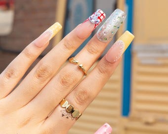 Girly Pastel 3D Bow Cute Press On Nails,Square Handmade Acrylic Fake Nails,Custom Retro/Daily/Gift Nail Design H435