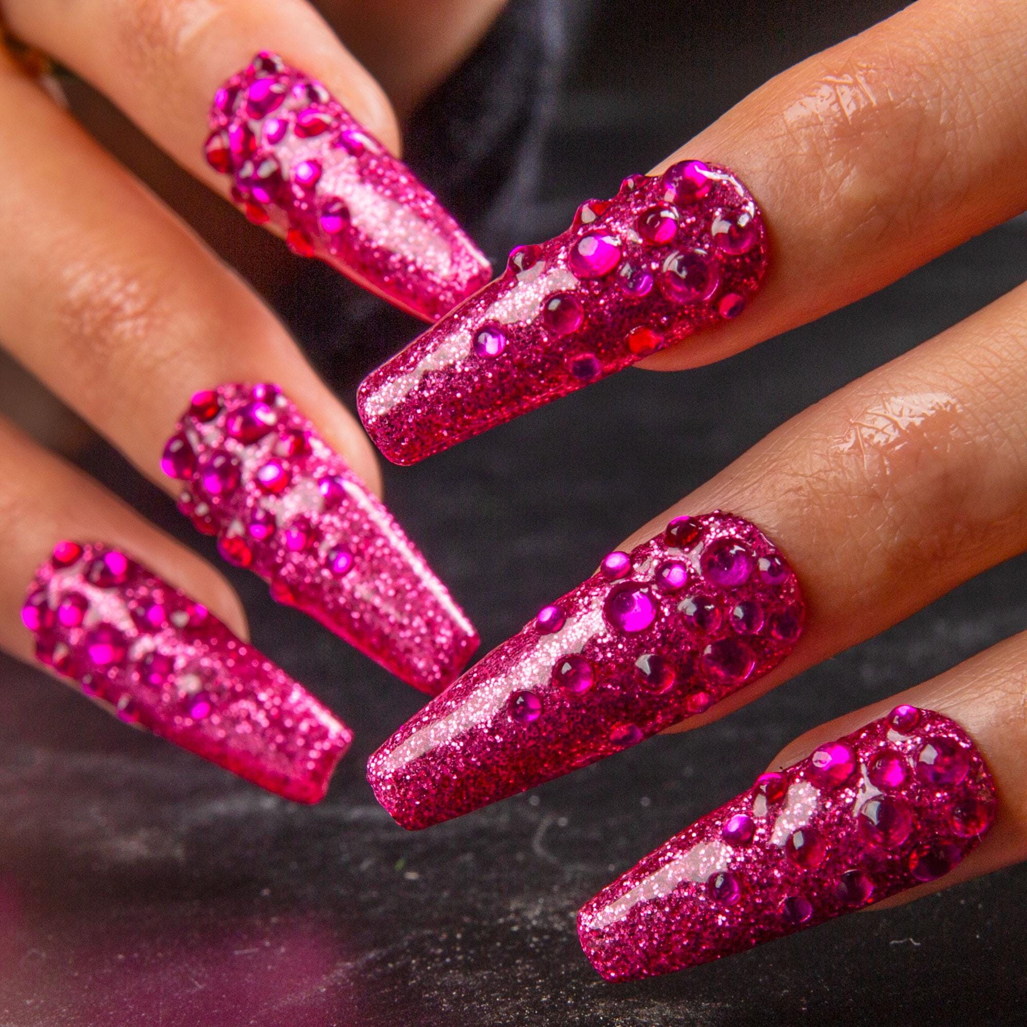 Neon Pink Glitter Ombre Handmade Press on Nails,rhinestone Cluster ...