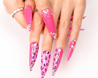 Pink Leopard Print Press On Nails – Long Coffin Animal Print Fake Nails | Y2K Glam Bling Nail Set H64|Lovful