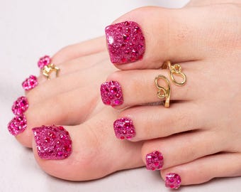 Handmade Hot Pink Glitter Toe Press On Nails – 20pcs Free Size | Sparkly Bling | Ideal for Music Festivals, Night Parties T483|Lovful