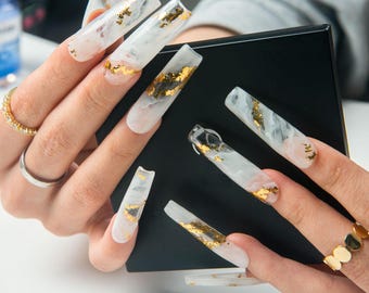 Elegant White Marble Gold Foil Square Press On Nails,Custom Design Handmade Fake Nails for Birthday/Party/Holiday, Gift for Her H447