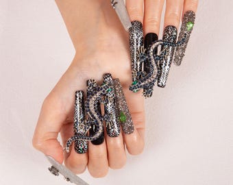 Black Baroque 3D Dragon press on nails|Cool black sparkling fake nails|Luxury handmade stick on nails|Long coffin nails|H62|Lovful