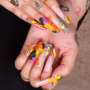 Colorful Floral Press On Nails – Romantic Pastel Gel Nail Set | Handmade Reusable Nails for Spring&Summer Holiday,Party,Gift | H432|Lovful