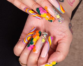 Colorful Floral Press On Nails – Romantic Pastel Gel Nail Set | Handmade Reusable Nails for Spring&Summer Holiday,Party,Gift | H432|Lovful