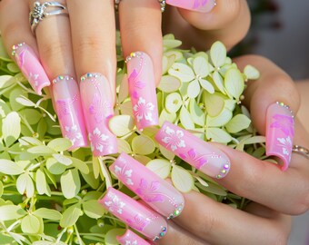 Elegant Pink Ombre Sakura Press On Nails,Handmade Acrylic Fake Nails with Rhinestones for Wedding H539|Lovful