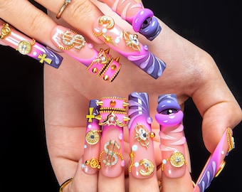 Y2K Punk 3D Eyes Charm Handmade Press On Nails,Pink - Purple Gradient & Gold Accents Nails for Music Festivals, Edgy Parties H616|Lovful