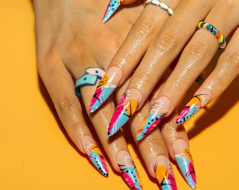 Custom 90s Retro Color Rainbow Abstract Press On Nails,Stiletto Handmade Acrylic Fake Nails,Vintage Inspired Event/Gift Nail Design H474