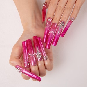 Barbie Pink Rhinestone luxury press on nails|Elegant Fake Nails|Handmade Nails|long square nails|H168|Lovful