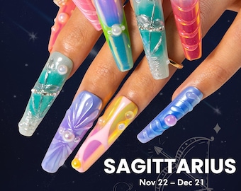 Sagittarius Celestial Dreamy Press On Nails – Handmade Nails with Holographic Gradient,Perfect for Zodiac Birthdays,Gift H594|Lovful