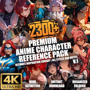 Könnte beinhalten: Eine digitale Sammlung von 2300+ Premium-Anime-Charakter-Referenzbildern mit verschiedenen Figuren, Haarfarben, Outfits und Stilen. Die Grafik enthält den Text 2300+ PREMIUM ANIME CHARACTER REFERENCE PACK, 4K ULTRA HD, HIGH DEFINITION, INSTANT DOWNLOAD und ORGANIZED FOLDERS.